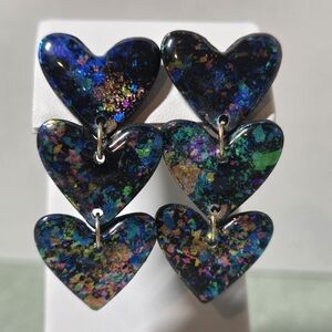 Black Iridescent Heart Dangle Earrings Statement Glitter Boho Y2K Jewelry